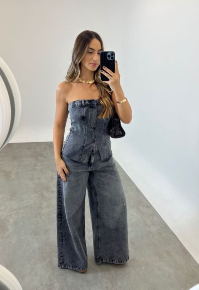 Cal&ccedil;a Pantalona Palazzo Black Estonado